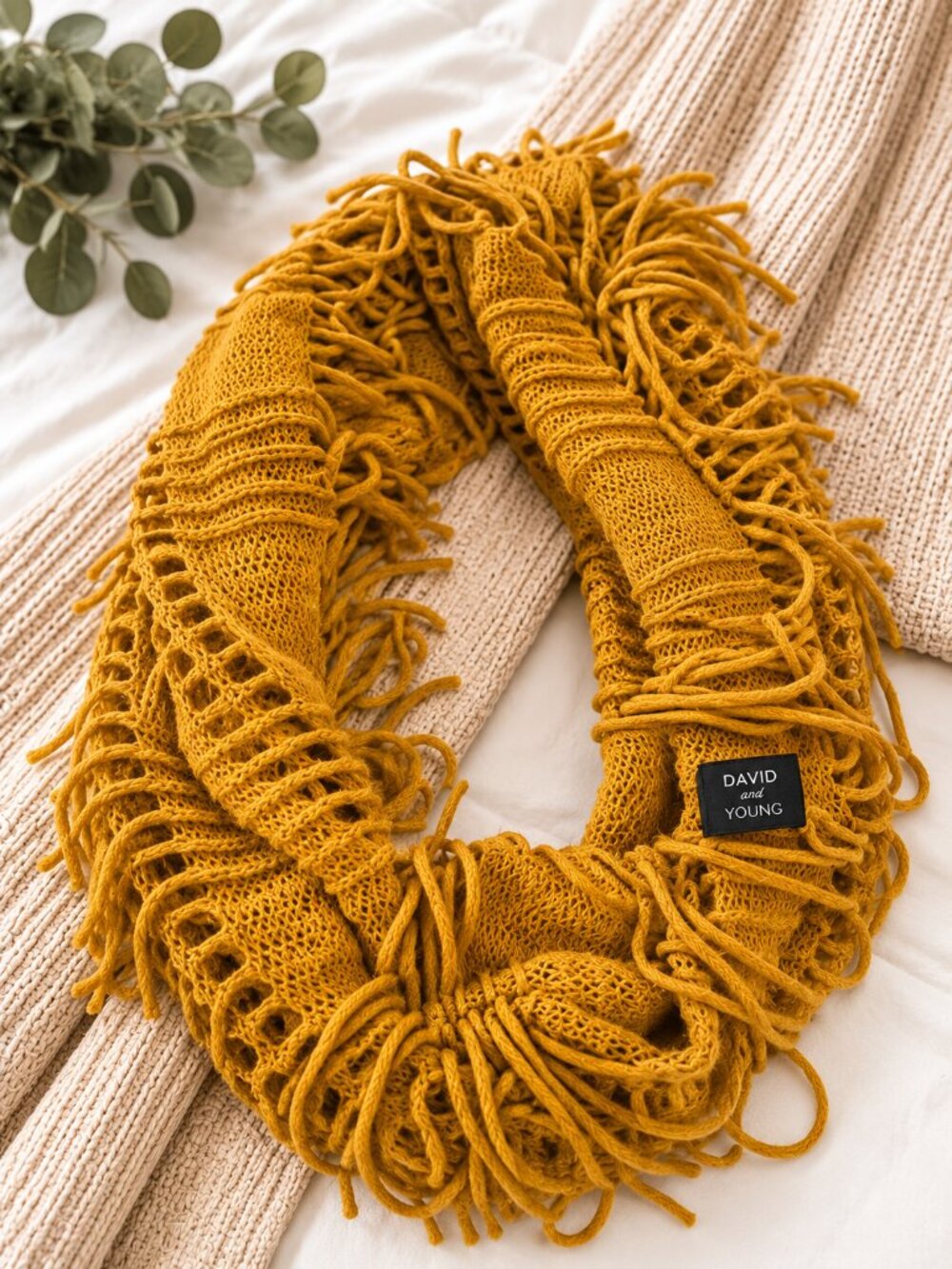 David & Young Mustard Knit Neck Wrap Slip-On Scarf Fringe Boho